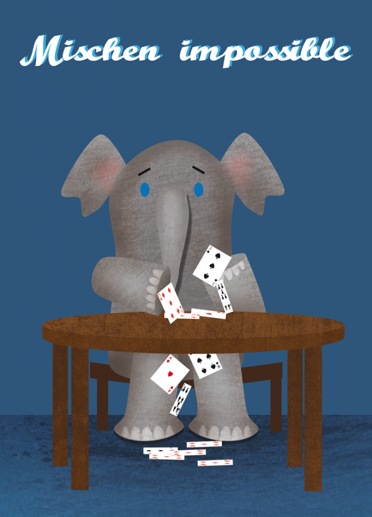 Mischen impossible; ein Elefant der vergeblich versucht Karten zu mischen