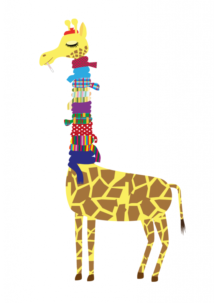 Kranke Giraffe mit neun verschiedenen Schals um den Hals