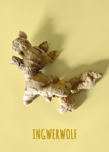 Ingwerwolf – Ingwerknolle in Form eines Wolfs auf gelbem Grund.