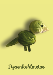 Rosenkohlmeise; Kalauer; ein aus Rosenkohl gelegtes Vögelchen / Kohlmeise auf gelbem Grund