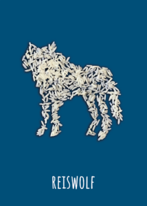 Reiswolf; Kalauer; ein aus Reiskörnern gelegter Wolf auf dunkelblauem Grund