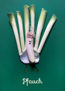 Pfauch, Wortwitz; ein aus Lauch gelegter Pfau auf dunkelgrünem Grund