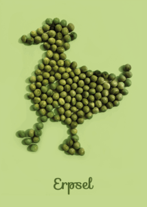Erpsel; Wortwitz; eine Erpel gelegt aus Erbsen auf grünem Grund