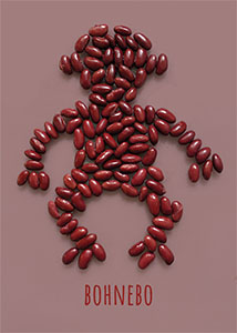 Bohnebo; Wortwitz; die aus Kidneybohnen gelegte Silhouette eines Affen / Bonobo auf altrosa Grund