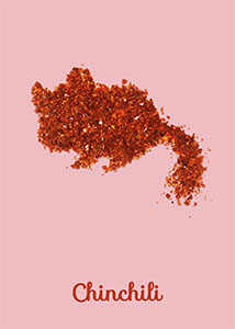 Chinchili – Silhouette eines Chinchillas aus roten Chiliflocken auf rosa Grund.