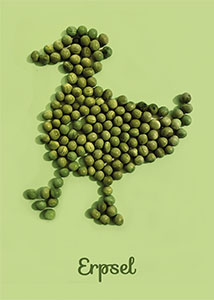 Erpsel; Wortwitz; eine Erpel gelegt aus Erbsen auf grünem Grund