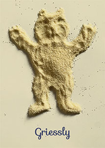 Griessly; Wortwitz; Ein Grizzly aus Griess auf beigem Hintergrund