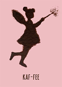 Kaf-Fee – Silhouette einer Fee aus Kaffeepulver auf rosa Grund.