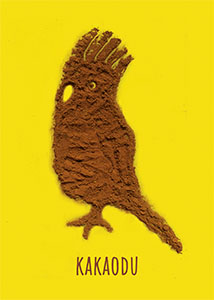 Kakaodu – Kakadu aus Kakaopulver auf gelbem Grund.