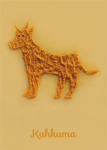 Kuhkuma; Kalauer; eine aus Kukuma zusammengestellte gelbe Kuh auf hellgelbem Grund