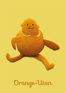 Orange-Utan; Wortwitz; eine Orange so geschält, dass sie wie ein Orang-Utan aussieht.