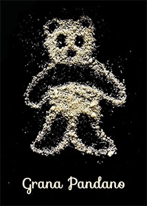 Grana Pandano; Wortwitz; ein Pandabär aus Hartkäse (Grana Padano) gelegt auf schwarzem Hintergrund