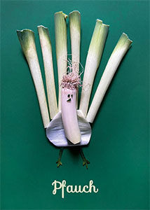 Pfauch, Wortwitz; ein aus Lauch gelegter Pfau auf dunkelgrünem Grund