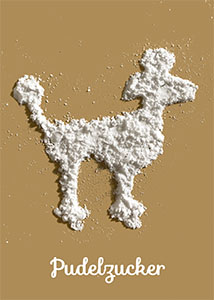 Pudelzucker; Wortwitz; ein Pudel aus Puderzucker auf beige-braunem Hintergrund