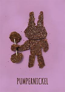 Pumpernickel – Ein Kaninchen aus Pumpernickel, das eine Hantel hebt, auf lila Grund