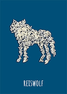Reiswolf; Kalauer; ein aus Reiskörnern gelegter Wolf auf dunkelblauem Grund